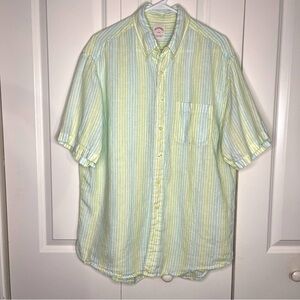 Brooks Brothers 346 100% Linen Large Green Blue Stripe Short Sleeve Button Up